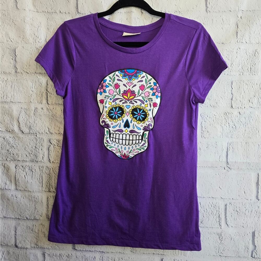 Purple Sugar Skull T-Shirt Colorful‎ Bobbie Brooks Day Of The Dead Graphic Tee S